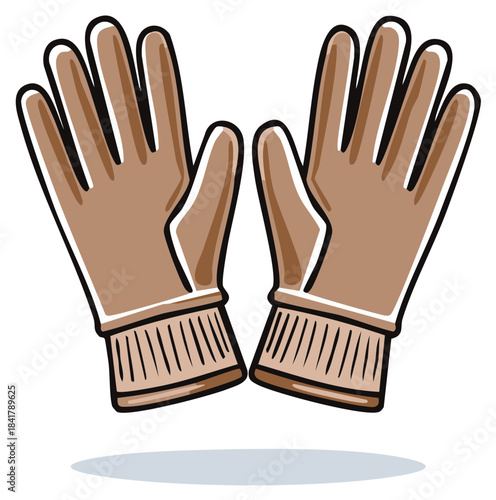 A pair of brown winter gloves with ribbed cuffs in a simple cartoon vector style.