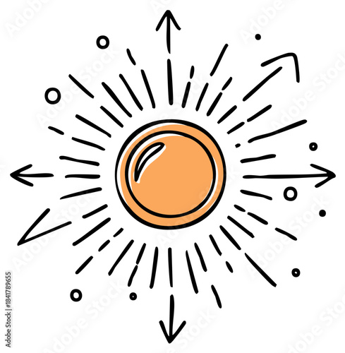 Hand Drawn Graphic Symbol of Expansion Directions Radiating from Central Circle