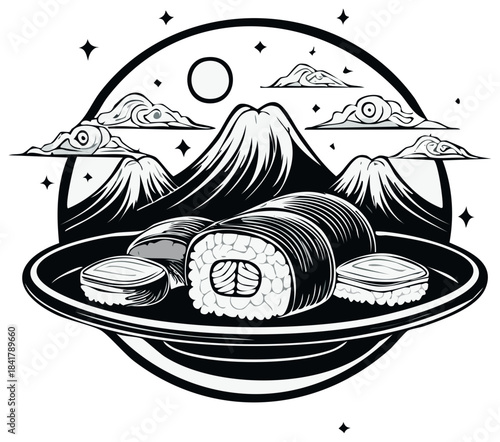Sushi roll with mountain and cloud background, Japanese food illustration.