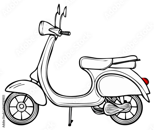 Vintage Classic Scooter Outline Drawing Black and White Graphic Art