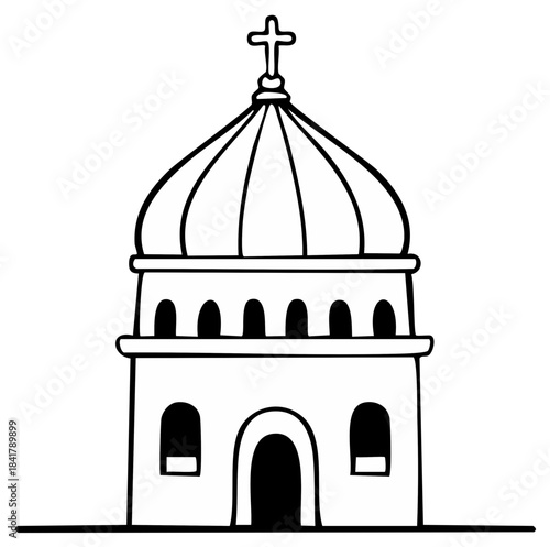 Minimalist line art drawing of an Eastern Orthodox church with a cross and dome architecture
