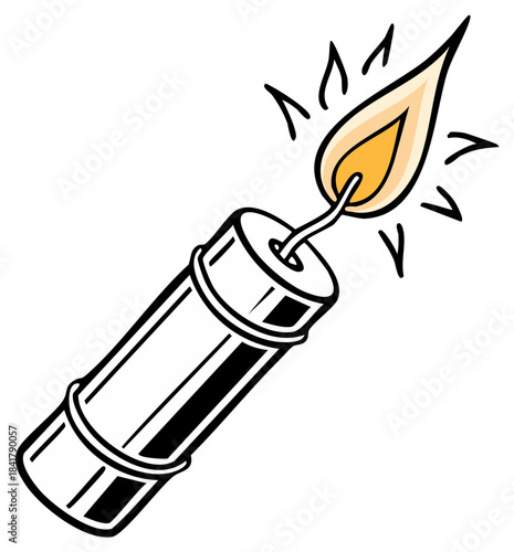 Dynamite stick with burning fuse and explosive sparks cartoon illustration