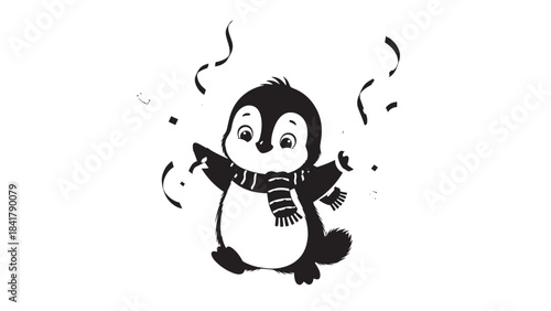 Cute cartoon penguin celebrating with a joyful pose and festive vibe in a playful illustration.