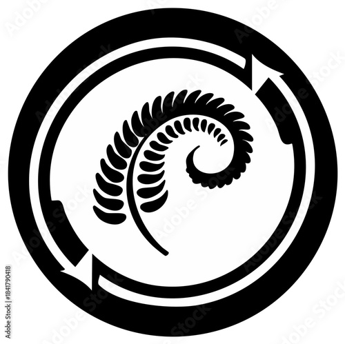 Circular Arrows with Fern Frond Symbolizing Renewal and Growth in Black and White