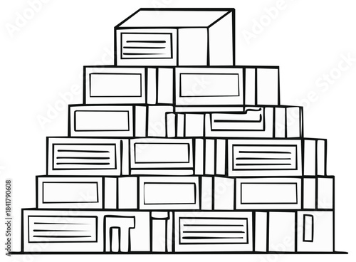 Hand drawn line art illustration of a large pyramid pile of stacked office archive boxes and document files