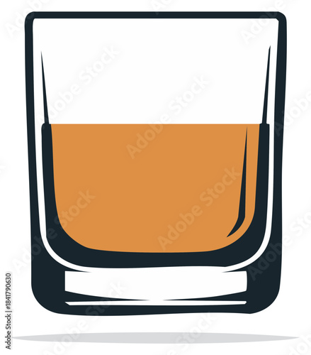 Amber Liquor in Black Lined Glass Illustration, Strong Drink in Short Clear Tumbler