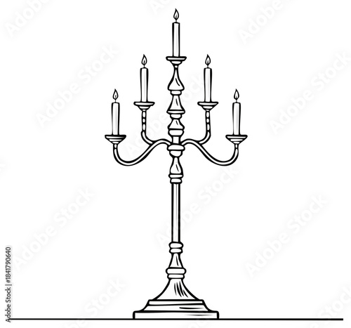 Elegant five-armed candelabrum with lit candles depicted in a simple black and white line drawing style.