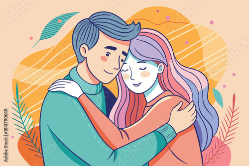 a couple sharing a soft hug minimalist line art