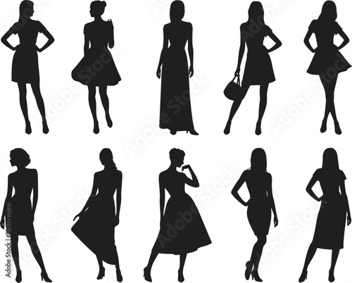 Elegant female fashion silhouettes posing in stylish dresses, modern outfit design and trendy model shapes for creative vector artwork projects