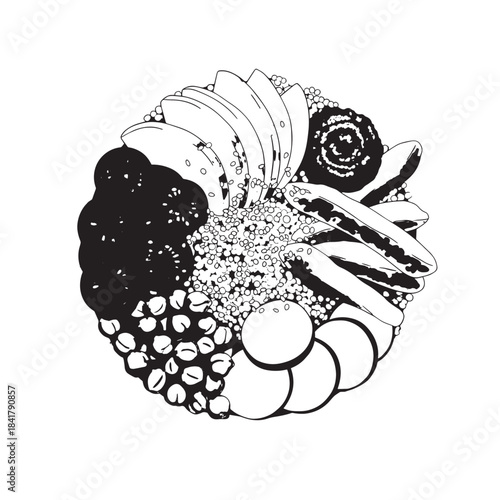 Assorted monochrome circle of fruits: diverse berries and citrus arranged in a circular display illustration.