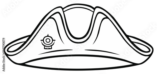 Simple line art illustration of a historical tricorn hat with an emblem. Black and white vector icon.