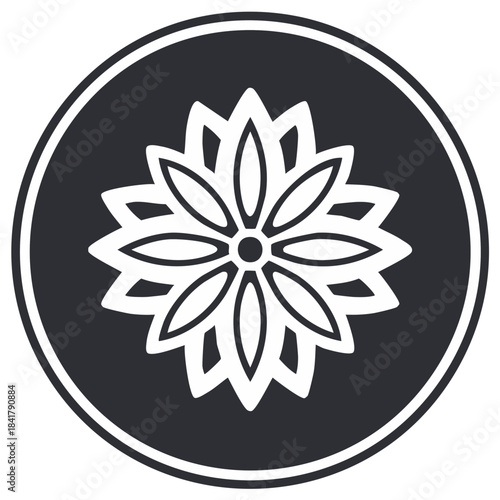 Circular White Flower Icon with Overlapping Petals on Black Background