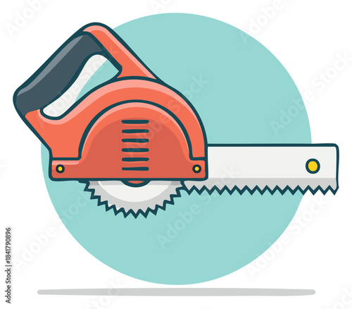 Illustration of a cartoon orange circular saw with a sharp blade, in a blue circle