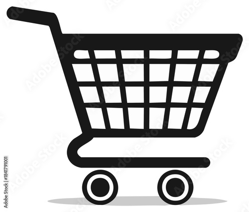 Black shopping cart icon representing retail, e-commerce, consumerism, and online purchasing