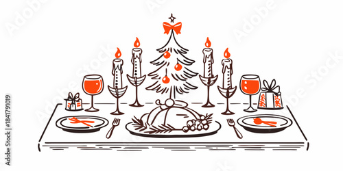A festive christmas dinner setting with a tree candles and food