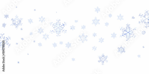 A delicate flurry of pale blue snowflakes against a white background