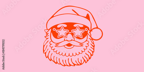 Cool santa claus face with sunglasses and stars on a pink background