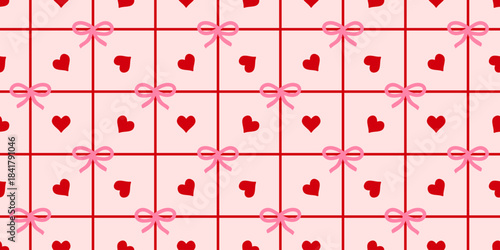 Valentines day gift seamless pattern with red hearts, pink bows, and soft pink grid background for romantic themes and decoration. Vector illustration