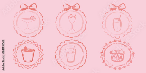 Sketch illustrations of various cocktails and drinks in ornate frames