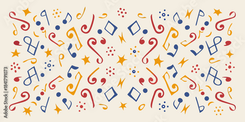 A playful background of hand drawn musical notes and symbols in warm tones