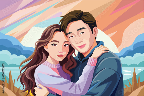 a loving couple gently hugging pastel colors