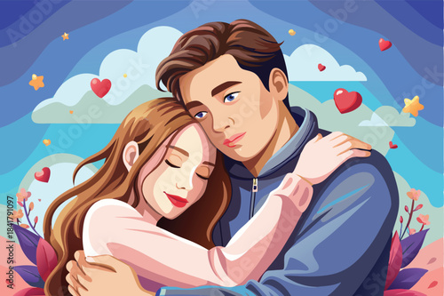 a loving couple gently hugging pastel colors