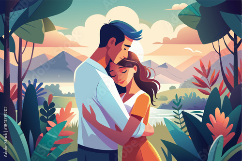 a loving couple gently hugging pastel colors
