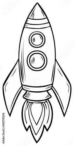 Stylized comic book rocket with fins and burning exhaust ready for an intergalactic mission.