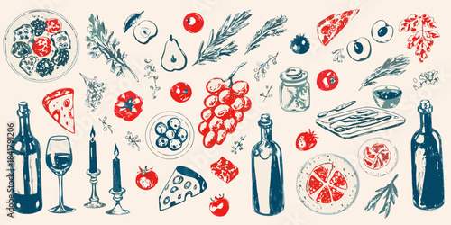 A colorful illustration depicting various food items and wine arrangements
