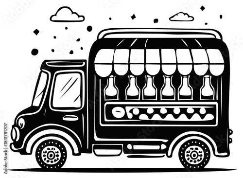 Stylized black and white illustration of a charming mobile beverage truck with bottles, an awning, and festive elements.
