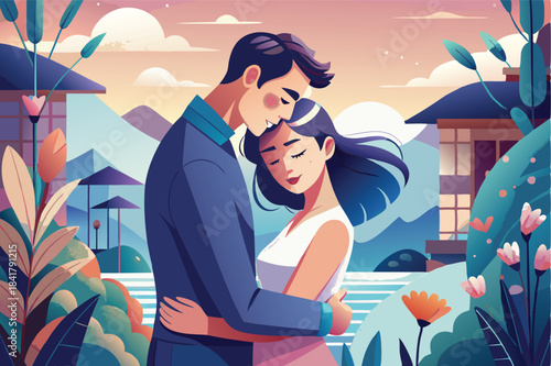 a loving couple gently hugging pastel colors