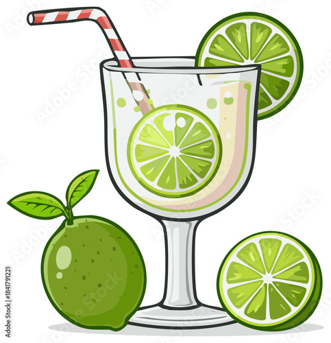 Refreshing lime beverage in a glass with whole lime fruit and green slices plus a candy striped straw