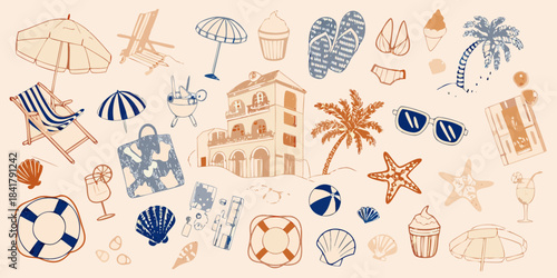 A charming summer illustration featuring beach essentials and coastal elements