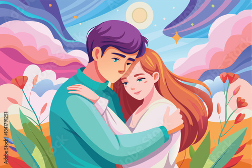 a loving couple gently hugging pastel colors