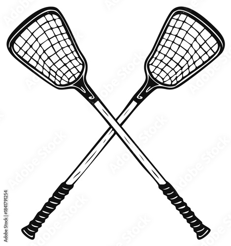 Crossed lacrosse sticks create an athletic emblem for competitive team sports showing equipment icon design in vector format