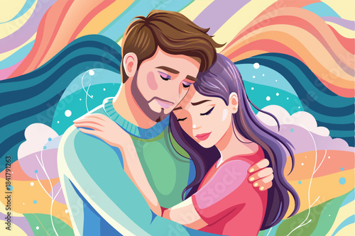 a loving couple gently hugging pastel colors