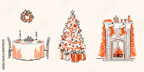 Festive holiday scene with christmas tree fireplace wreath and dinner table