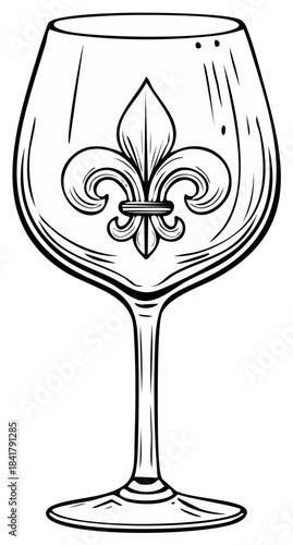 Elegant Wine Glass Line Art Illustration Featuring a Fleur-de-Lis Design Etched on the Surface for Decor