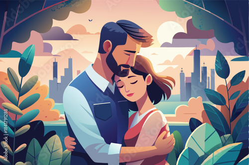 a loving couple gently hugging pastel colors