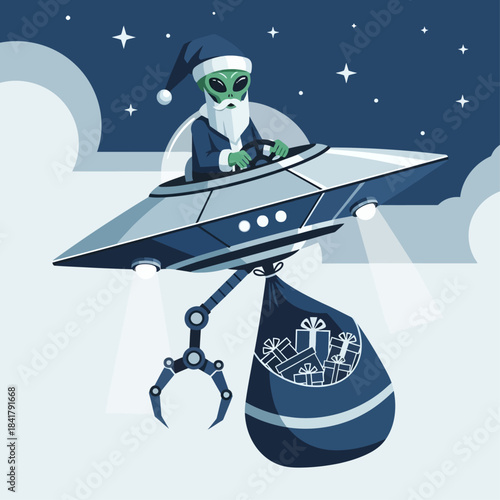 Alien Santa Claus flying a UFO with a robotic arm delivering Christmas presents at night.