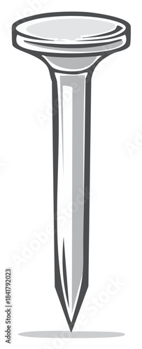 Close up of metal nail with flat head and pointed tip construction building hardware