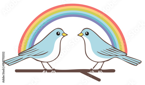 Pair of cute blue cartoon birds on a branch with a colorful rainbow arc behind them