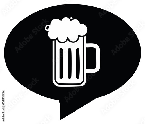 Stylized beer mug with foam in a black speech bubble graphic symbol for bar brewery or pub promotion and messaging