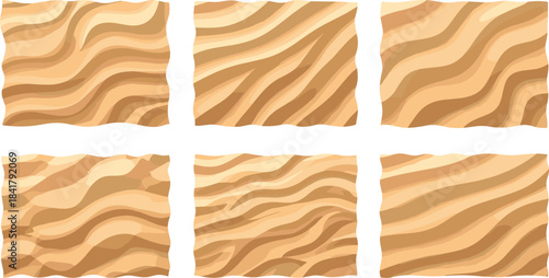 Six textured backgrounds of rippled sand dunes in warm sunlight