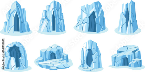 Collection of stylized blue ice formations with cave entrances