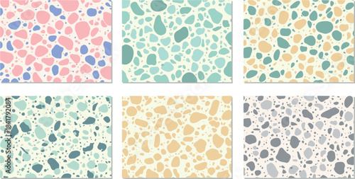 Six different terrazzo patterns in various pastel and neutral colors