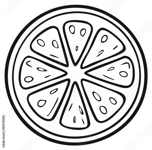 Stylized black and white line art illustration of a citrus fruit slice with segmented juicy pulp