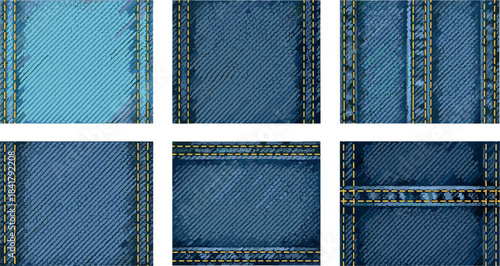 Six different denim fabric textures and seams close up