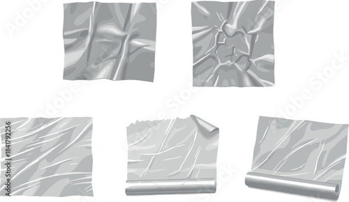 Six different crumpled textures of white and silver plastic wrap and foil