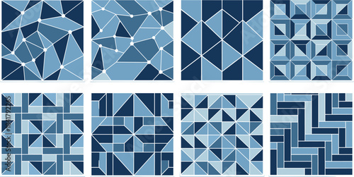 Abstract geometric patterns in shades of blue with varying shapes and textures